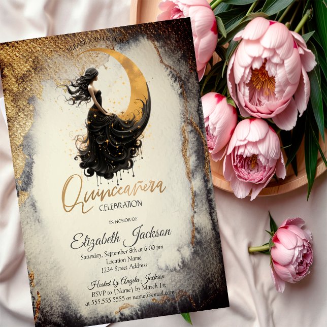 Celestial Moon Girl Watercolor Gold Quinceanera Invitation (Creator Uploaded)
