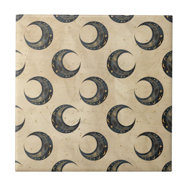 Celestial Moon Gold Starry Night Pattern (4) Tile (Front)
