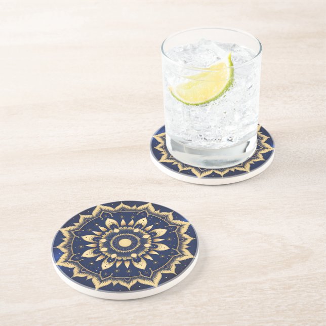 Celestial Moon Mandala Sandstone Coaster | Navy Bl (Side)