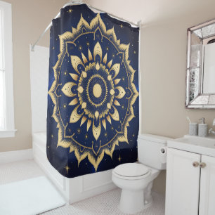 Celestial Moon Mandala Shower Curtain Navy Blue