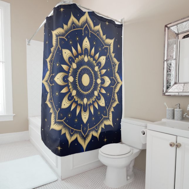 Celestial Moon Mandala Shower Curtain | Navy Blue  (In Situ)