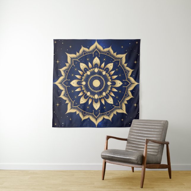 Celestial Moon Mandala Tapestry | Navy Blue & Gold (In Situ (Horizontal))