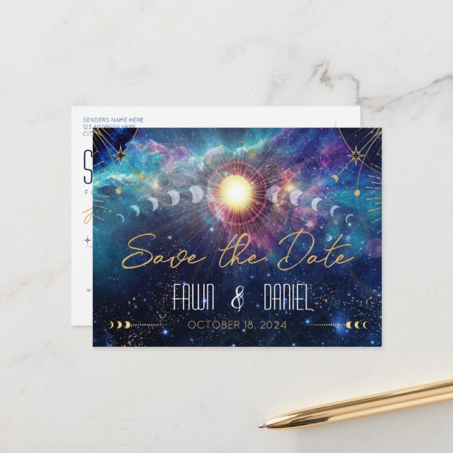 Celestial Moon Phase Save the Date Postcard (Front/Back In Situ)