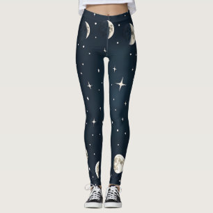 Celestial moon phases in silver on navy leggings