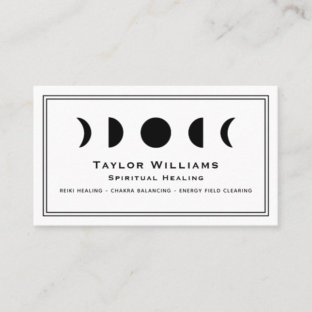Celestial Moon Phases Spiritual Healer Black White Business Card (Front)