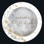 Celestial Moon, Silver, White and Gold Bat Mitzvah Classic Round Sticker<br><div class="desc">Elegant favour and / or envelope seal Bat Mitzvah sticker with beautiful watercolor celestial moon and stars design coordinating our "Chic Celestial Silver, White and Gold Bat Mitzvah" invitation. Same design from the back of invitation. Dainty stars, Bat Mitzvah phrase and corner moon details in faux gold foil. Personalise this...</div>