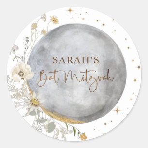Celestial Moon, Silver, White and Gold Bat Mitzvah Classic Round Sticker