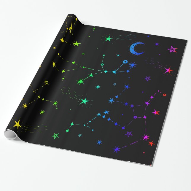 celestial moon star constellation rainbow wrapping paper (Unrolled)