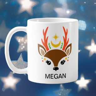 Celestial Moon & Star Reindeer Face Holiday Coffee Mug