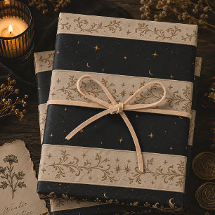 Celestial Moon Stars Black Gold Winter Solstice Wrapping Paper Sheet