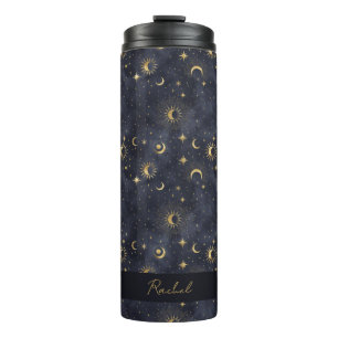 Celestial Moon Stars Blue and Gold Monogram Name Thermal Tumbler