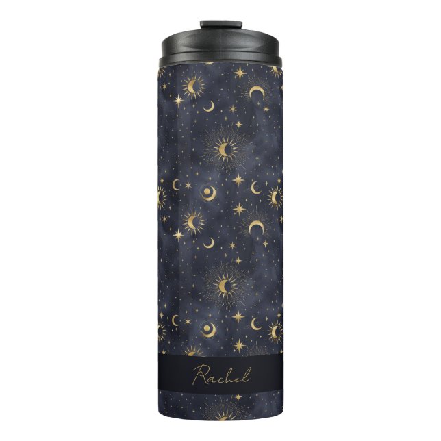 Celestial Moon Stars Blue and Gold Monogram Name Thermal Tumbler (Front)