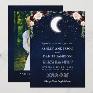 Celestial Moon Stars Burgundy Floral Photo Wedding Invitation