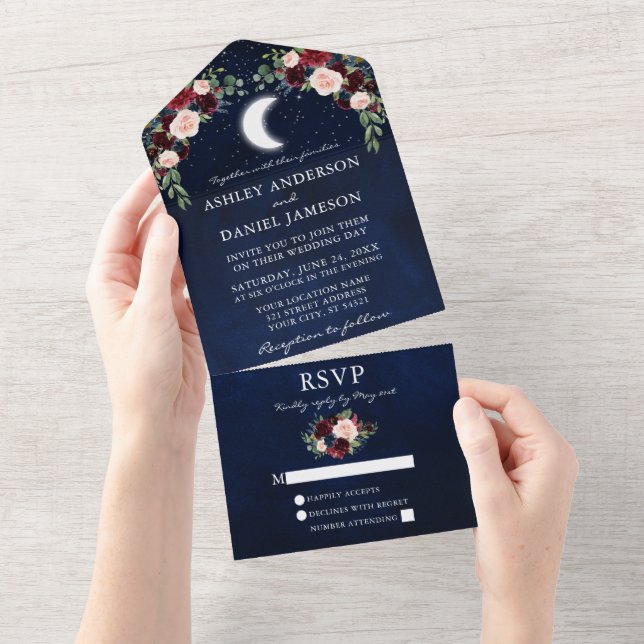 Celestial Moon Stars Burgundy Floral Wedding All In One Invitation (Tearaway)