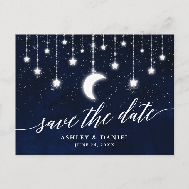 Celestial Moon Stars Calligraphy Save The Date Postcard (Front)