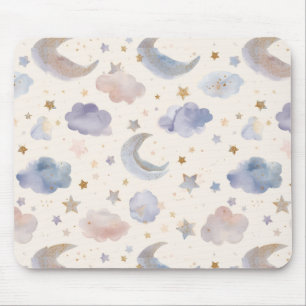 Celestial Moon Stars Clouds Watercolor Pastel Mouse Mat