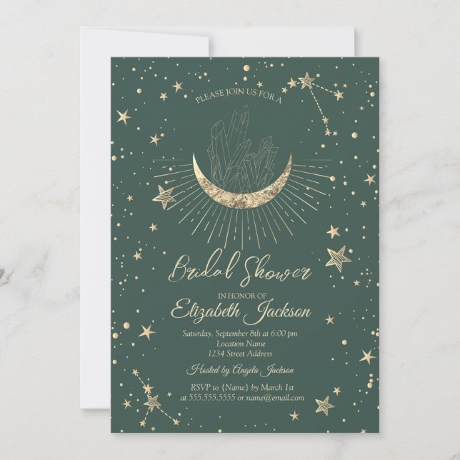 Celestial Moon,Stars Diamond Green Bridal Shower  Invitation (Front)