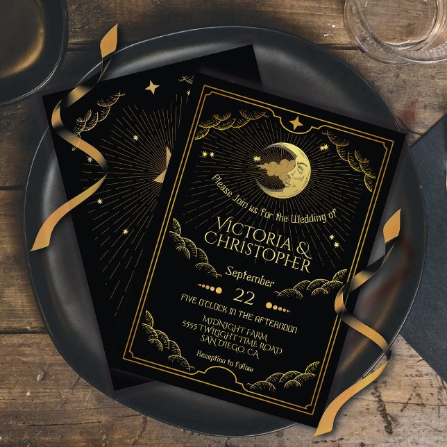 Celestial Moon & Stars Faux Gold Wedding Invitation (Creator Uploaded)