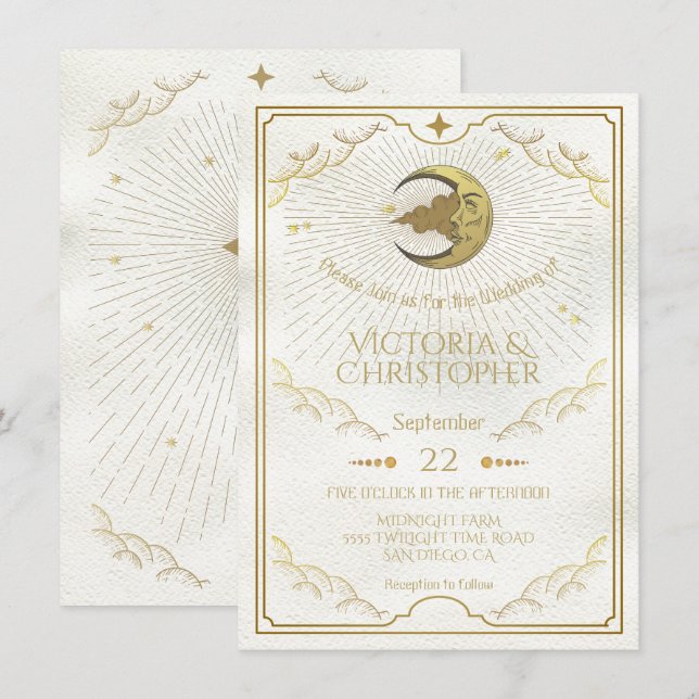 Celestial Moon & Stars Faux Gold Wedding Invitation (Front/Back)