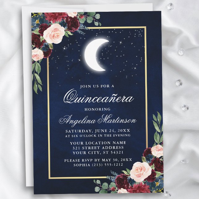 Celestial Moon Stars Floral Gold Quinceanera Invitation (Customize to add text or a photo to back of card.)