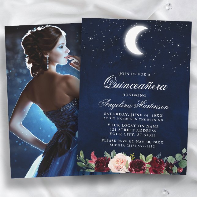 Celestial Moon Stars Floral Photo Quinceanera Invitation (Customize to change text size or text style.)