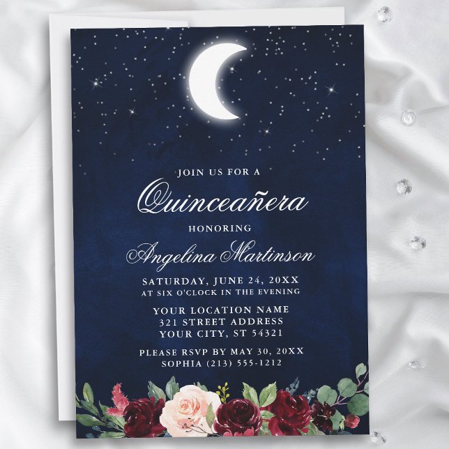Celestial Moon Stars Floral Quinceanera Invitation (Customize to add text or a photo to back of card.)