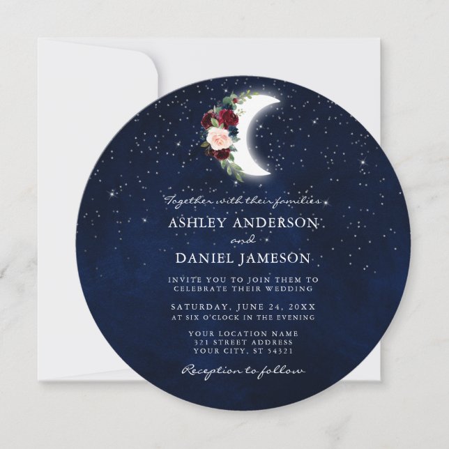 Celestial Moon Stars Floral Round Wedding Invitation (Front)