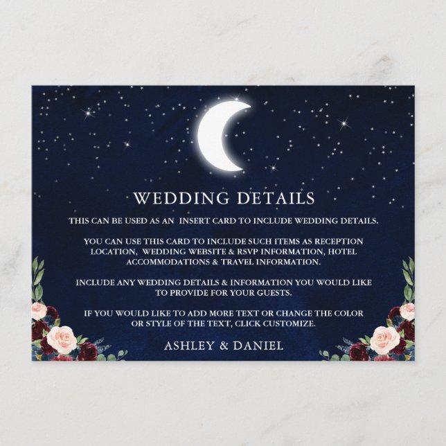 Celestial Moon Stars Floral Wedding Details Enclosure Card (Front)