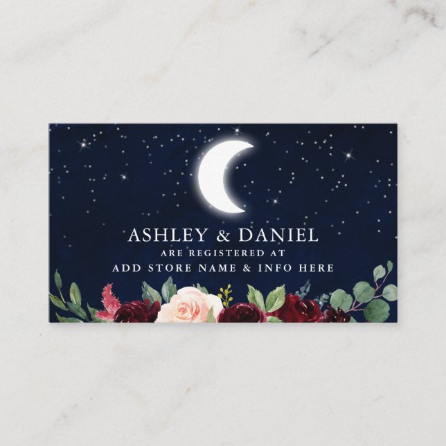 Celestial Moon Stars Floral Wedding Registry Card (Front)