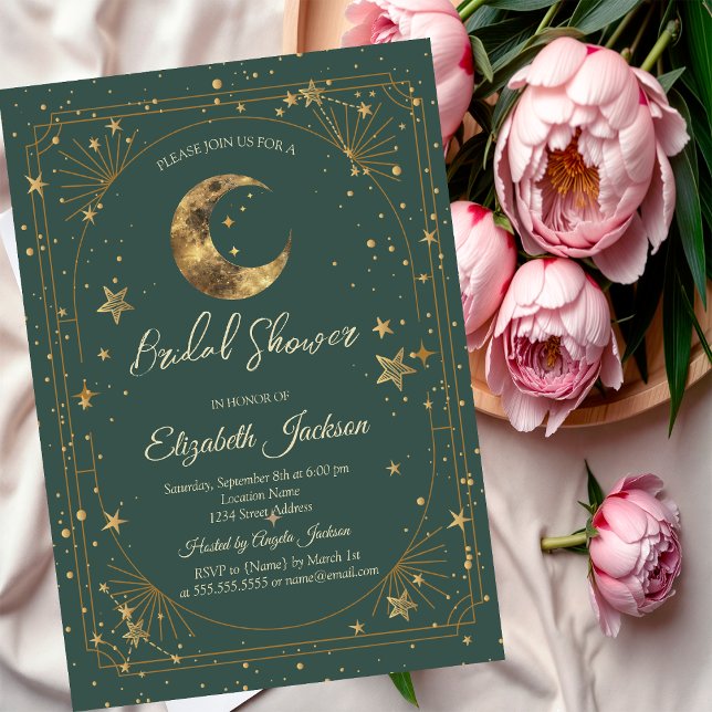 Celestial Moon Stars Frame Green Bridal Shower Invitation (Creator Uploaded)