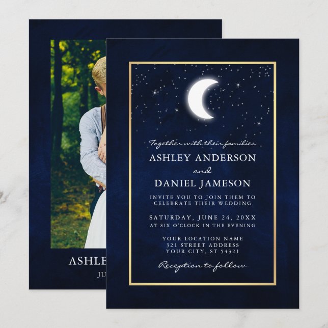 Celestial Moon Stars Gold Photo Wedding Invitation (Front/Back)