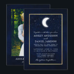 Celestial Moon Stars Gold Photo Wedding Invitation<br><div class="desc">Celestial Wedding Gold Frame invitation. Watercolor blue night sky with stars and the moon. Photo back.</div>