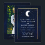 Celestial Moon Stars Gold Photo Wedding Invitation<br><div class="desc">Celestial Wedding Gold Frame invitation. Watercolor blue night sky with stars and the moon. Photo back.</div>