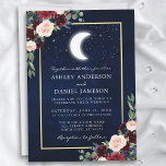 Celestial Moon Stars Gold Wedding Invitation<br><div class="desc">Celestial Wedding invitation. Watercolor blue night sky with stars and the moon. Burgundy Blue Pink Floral. Greenery Eucalyptus Leaves. Gold Frame.</div>