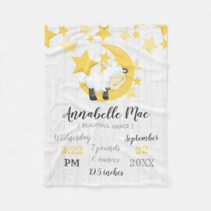 Celestial Moon Stars & Lamb Baby Birth Stats Fleece Blanket