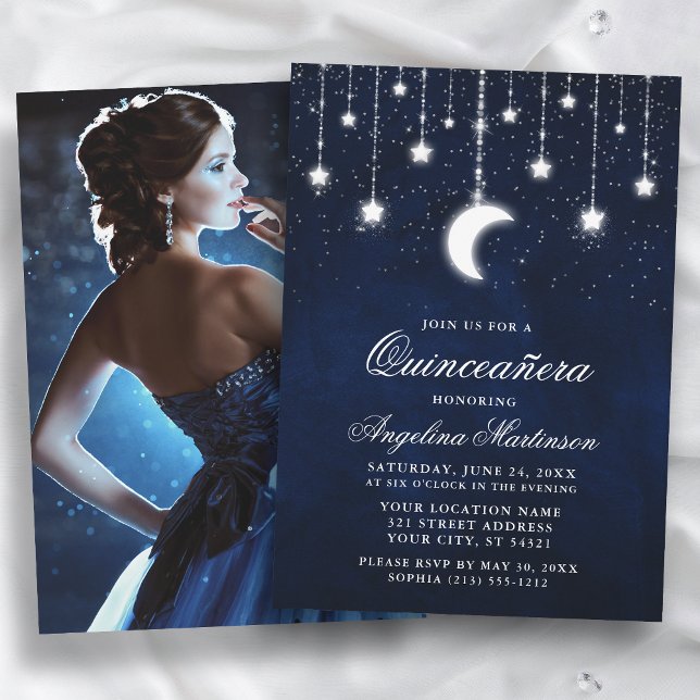 Celestial Moon Stars Lights Photo Quinceanera Invitation (Customize to change text size or text style.)