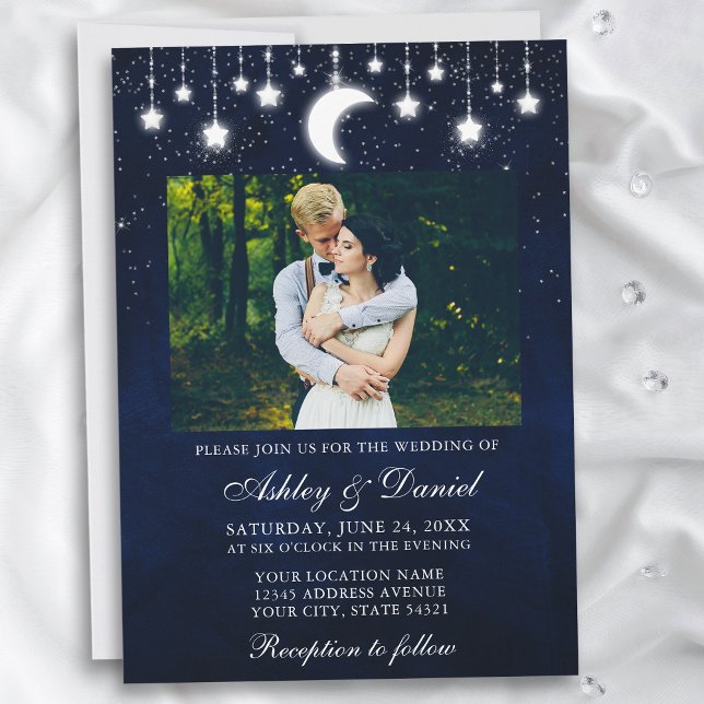 Celestial Moon Stars Lights Photo Wedding Invitation (Customize to add more text or more photos to back of card.)