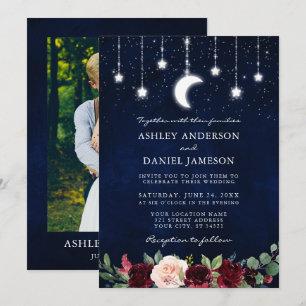 Celestial Moon Stars Lights Wedding Floral Photo Invitation