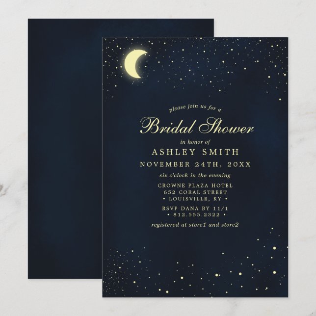 Celestial Moon Stars Midnight Blue Bridal Shower Invitation (Front/Back)