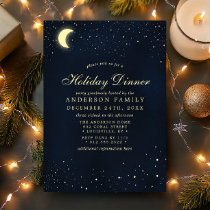 Celestial Moon Stars Midnight Blue Holiday Dinner Invitation