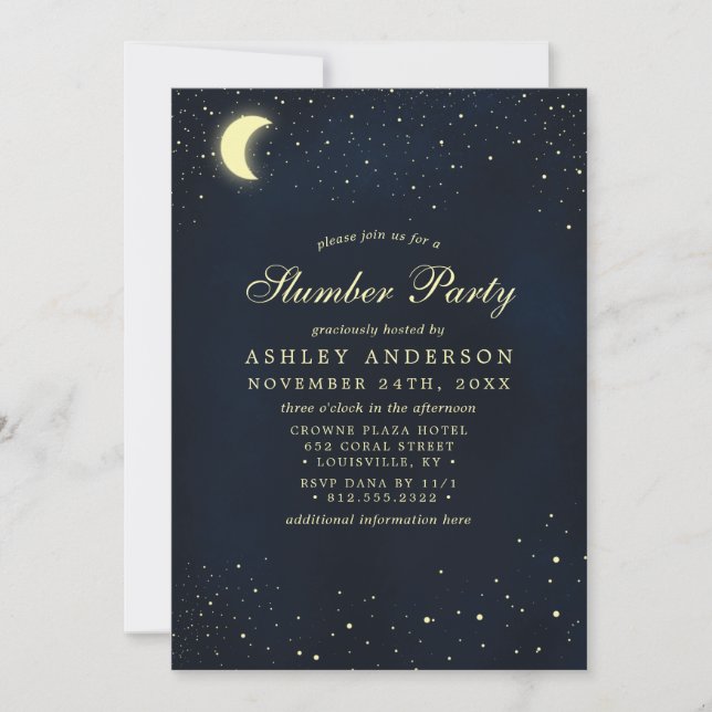 Celestial Moon Stars Midnight Blue Slumber Party Invitation (Front)