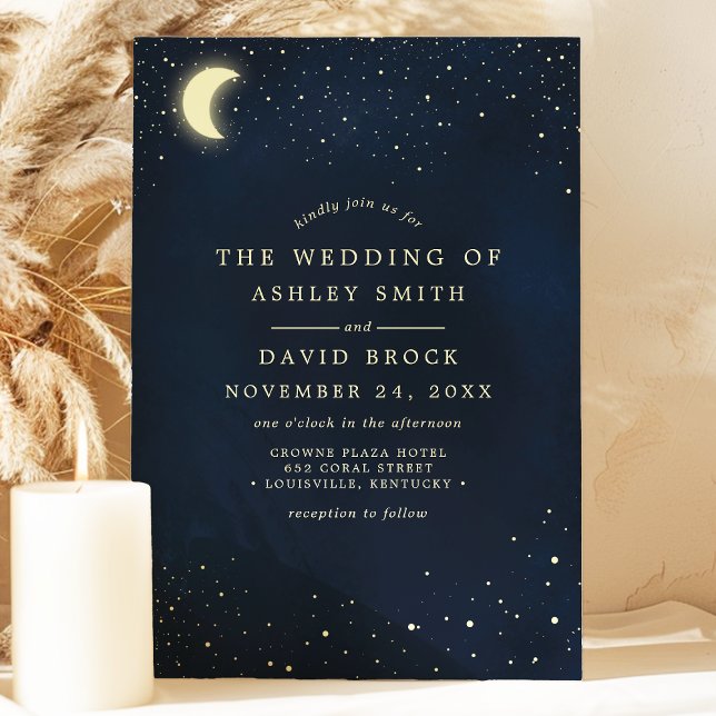 Celestial Moon Stars Midnight Blue Wedding Invitation (Creator Uploaded)