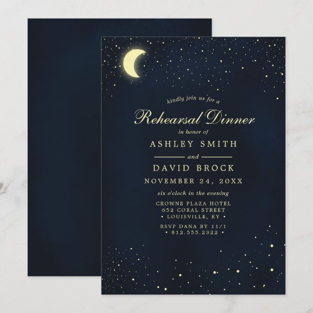 Celestial Moon Stars Midnight Rehearsal Dinner Invitation (Front/Back)