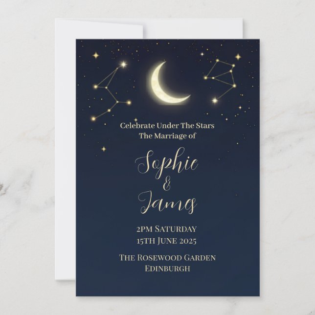 Celestial Moon & Stars Midnight Wedding Invitation (Front)