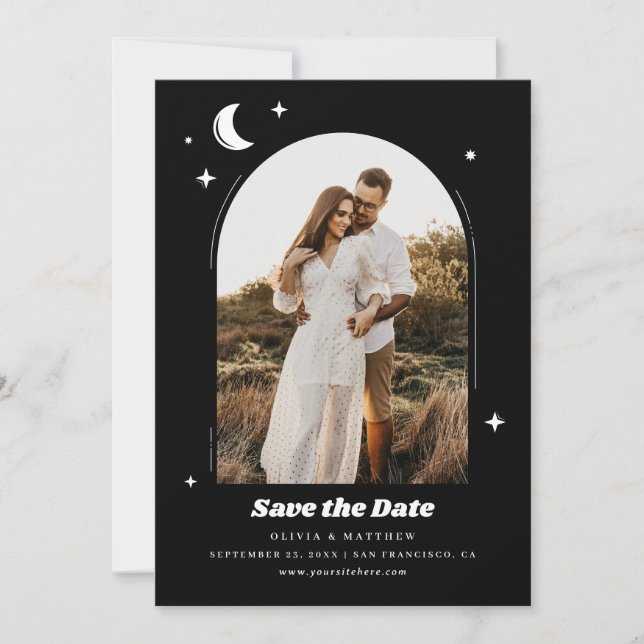 Celestial Moon & Stars. Modern Black Photo Wedding Save The Date (Front)