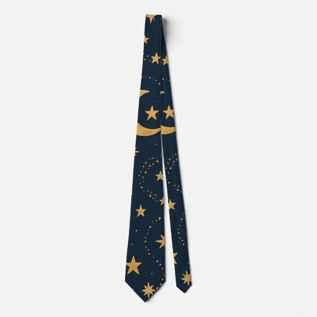 Celestial Moon & Stars Pattern – Midnight Tie (Front)