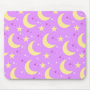 Celestial Moon Stars Pattern Purple Background Mouse Mat