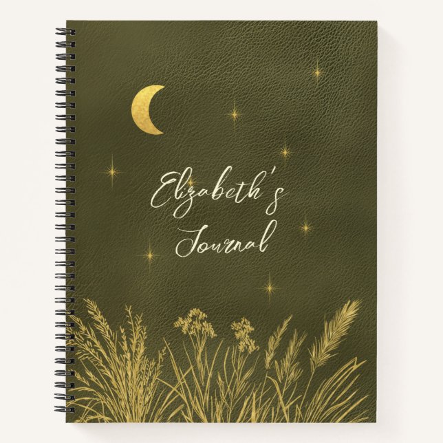 Celestial Moon Stars Personalised Green Journal (Front)