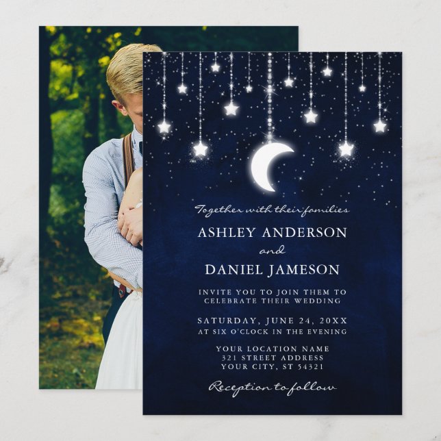 Celestial Moon Stars Photo String Lights Wedding Invitation (Front/Back)