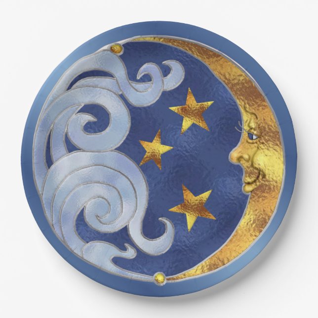Celestial Moon Stars Stained Glass Paper Plates (Front)